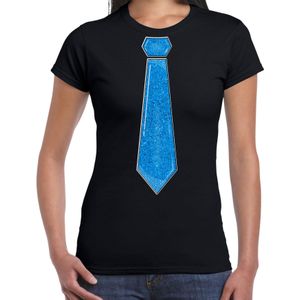 Verkleed t-shirt voor dames - stropdas glitter blauw - zwart - carnaval - foute party - Feestshirts