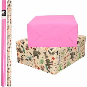 8x Rollen kraft inpakpapier jungle/oerwoud pakket - dieren/roze 200 x 70 cm - Cadeaupapier