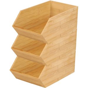 Stapelbare opbergmand 1 vaks - 3x - L18 x B31 x H12 cm - bamboe hout - lichtbruin - organizer - Opbergmanden