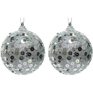 2x Zilveren disco kerstballen 8 cm glitters/pailletjes kunststof kerstversiering - Kerstbal