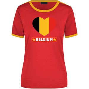 Belgium rood / geel ringer t-shirt Belgie vlag in hart voor dames - Feestshirts