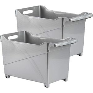 Set van 2x stuks kunststof trolleys zilver op wieltjes L45 x B24 x H27 cm - Voorraad/opberg boxen/bakken