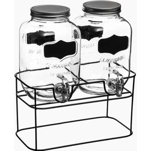 Set van 2x stuks glazen drank dispensers 4 liter in houder met kunststof kraantje en krijt sticker - Drankdispensers