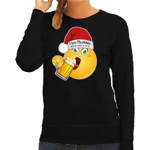 Foute Kersttrui/sweater voor dames - bier - zwart - grappig - I love christmas - emoji - kerst truien