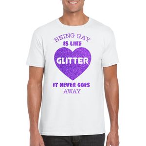 Gay Pride T-shirt voor heren - being gay is like glitter - wit/paars - glitters - LHBTI - Feestshirts