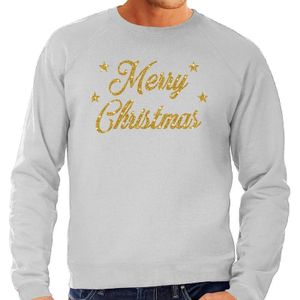 Grijze foute kersttrui / sweater Merry Christmas gouden letters voor heren - kerst truien