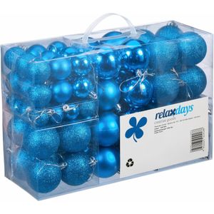 Relaxdays kerstballen - 100x st - intens blauw - 3, 4 en 6 cm - kunststof - mat/glans/glitter - Kerstbal