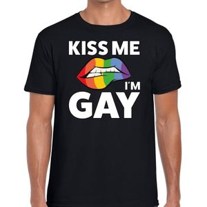 Kiss me i am gay t-shirt zwart voor heren - Feestshirts