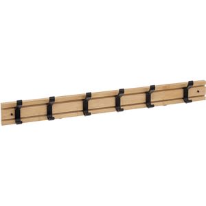 Kapstok rek voor wand/muur - lichtbruin/zwart - 6x schuifbare ophanghaken - Bamboe/ijzer - 60 x 8 cm - Kapstokken