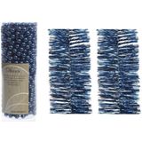 Kerstversiering set van 2x stuks folieslingers en 1x stuks kralenslingers donkerblauw - Kerstslingers