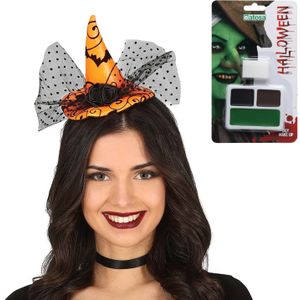 Verkleed setje heks - Mini hoed op diadeem en schmink setje - Carnaval/Halloween thema - Schmink