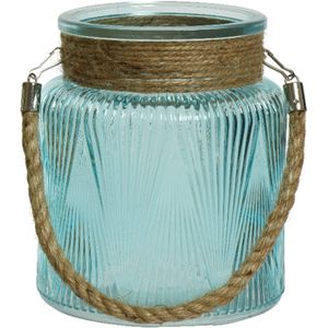 Lumineo windlicht/lantaarn met relief - glas - D14 x H16 cm - lichtblauw