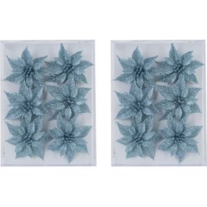 18x stuks decoratie bloemen rozen ijsblauw glitter op ijzerdraad 8 cm - Kersthangers