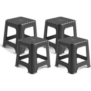 Plasticforte zit/bijzet krukje - 4x - Rotan line - zwart - kunststof - 32 x 32 x 30 cm - kinder kruk - Huishoudkrukjes