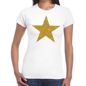 Gouden Ster glitter tekst t-shirt wit dames - Feestshirts