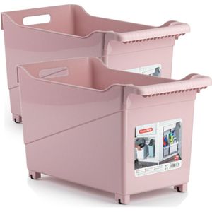 Set van 6x stuks kunststof trolleys pastel roze op wieltjes L45 x B24 x H27 cm - Voorraad/opberg boxen/bakken