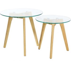 Bijzettafels 2delig - hittebestendig glas - hout - rond - D50 x H43,5 cm - salontafels - Bijzettafels