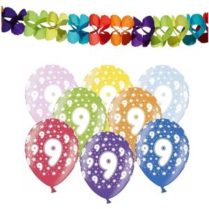 Partydeco 9e jaar verjaardag feestversiering set - Ballonnen en slingers - Feestpakketten