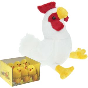 Pluche kip knuffel - 20 cm - multi kleuren - met 6x gele kuikens van 5 cm - kippen familie - Vogel knuffels