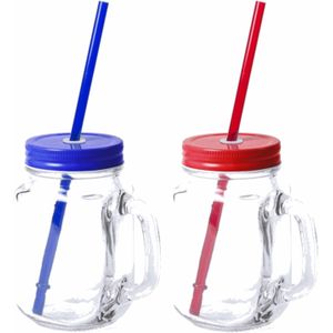 Set van 6x glazen drinkbekers dop/rietje 500 ml blauw/rood - Drinkbekers
