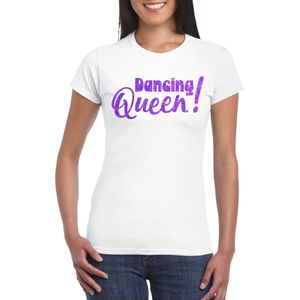 Vrijgezellenfeest t-shirt dames - Dancing Queen - wit - paarse glitter - foute party - Feestshirts