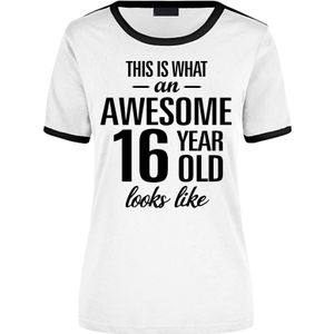 Awesome 16 year / 16 jaar wit/zwart ringer cadeau t-shirt voor dames - Feestshirts