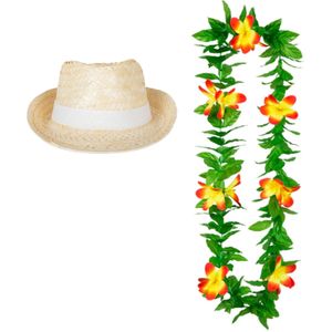 Carnaval verkleed set - Tropische Hawaii party - Ibiza strohoedje - en bloemenkrans groen/geel - Verkleedhoofddeksels
