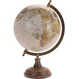 Antieke wereldbol/globe decoratie beige 20 x 33 cm op mango houten standaard - Wereldbollen