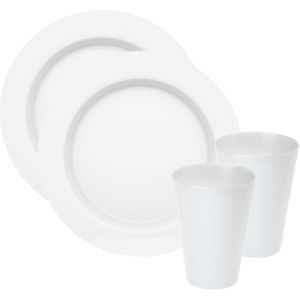 Servies set - 6x borden en drinkbekers - wit- kunststof - herbruikbaar - Bordjes