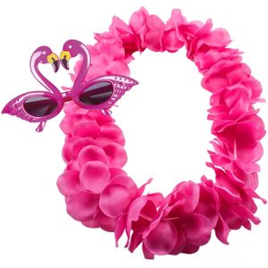 Tropische Hawaii party verkleed accessoires set - Flamingos zonnebril - bloemenkrans fuchsia roze - Verkleedkransen