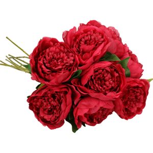 Mica Decorations Kunstbloemen boeket pioenroos - 8x - donker roze - 76 cm - polyester - decoratie bloemen