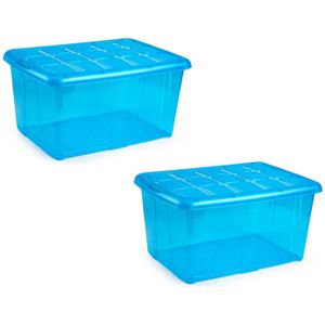 2x Opslagbakken/organizers met deksel 60 liter 63 x 46 x 32 transparant blauw - Organizers/opbergbakken