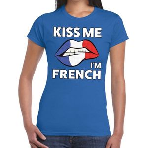 Kiss me I am French t-shirt blauw dames - Feestshirts