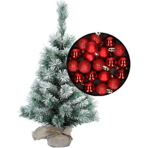 Besneeuwde mini kerstboom/kunst kerstboom 35 cm met kerstballen rood - Kunstkerstboom