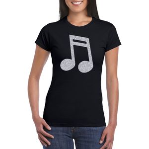 Zilveren muziek noot / muziek feest t-shirt / kleding zwart dames - Feestshirts