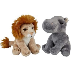 Safari dieren serie pluche knuffels 2x stuks - Nijlpaard en Leeuw van 15 cm - Knuffeldier