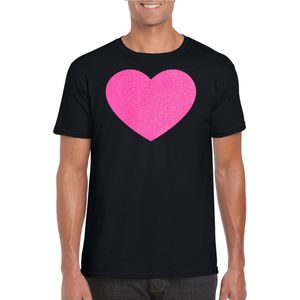 Verkleed T-shirt voor heren - hartje - zwart - roze glitter - carnaval/themafeest - Feestshirts