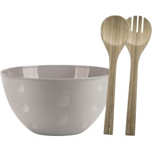 Serveerschaal/slakom met bamboe sla bestek - beige - 5 liter - kunststof - D26 x H14 cm - Serveerschalen