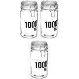 3x stuks inmaakpotten/voorraadpotten 1L glas met beugelsluiting - 1000 ml - Voorraadpotten met luchtdichte sluiting