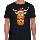 Foute Kerst t-shirt rendier Rudolf rode kerstmuts zwart heren - kerst t-shirts