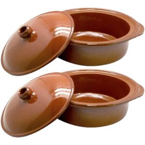 Terracotta ovenschalen/stoofpotten cocotte 26 cm - Set van 2x stuks - Geschikt voor gas en keramisch