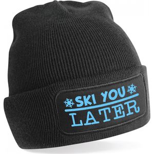 Wintersport muts voor volwassenen - Ski You Later - zwart - blauwe glitter - one size - Apres ski - Mutsen - volwassenen