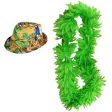 Hawaii thema party verkleedset - Hoedje Tropical print - bloemenkrans neon groen- Tropical toppers - Verkleedhoofddeksels