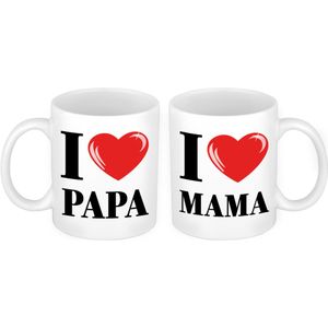I love Mama en Papa mok - Cadeau beker set voor Papa en Mama - feest mokken