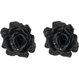 2x stuks decoratie bloemen roos zwart glitter op clip 10 cm - Decoratiebloemen/kerstboomversiering/kerstversiering