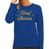 Blauwe foute kersttrui / sweater Merry Christmas gouden letters voor dames - kerst truien