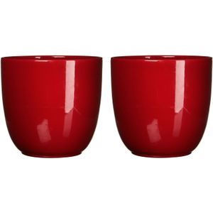 2x stuks bloempotten glans donkerrood keramiek voor kamerplant H14 x D14.5 cm - Mica Decorations plantenpotten