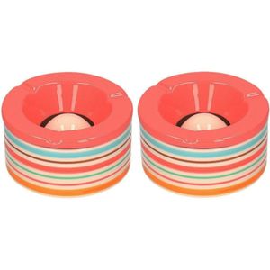 Set van 2x stuks terras asbakken/stormasbakken rond keramiek 14 x 7,5 cm rood met streep - Asbakken