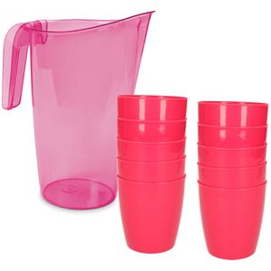 10x kunststof drinkbekers 300 ML met schenkkan set roze van 1.75 liter - Schenkkannen