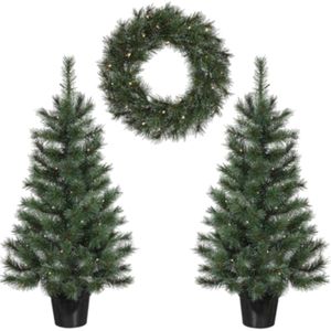 Kerst tuindecoratie Kerstbomen met Kerstkrans set - Kunstkerstboom